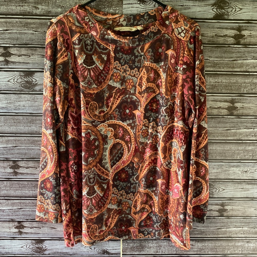 Soft Surroundings Women's Long-Sleeved Top/Knit Top Size PM Multicolor Print
